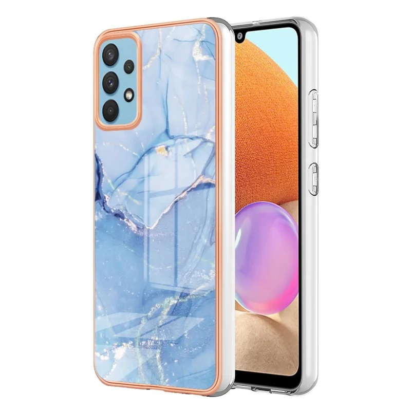 YB IMD Series-16 Style E for Samsung Galaxy A32 4G (EU Version) 2.0mm Marble Pattern TPU Cover IMD Electroplating Frame Cell Phone Case - Blue