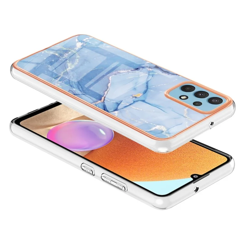 YB IMD Series-16 Style E for Samsung Galaxy A32 4G (EU Version) 2.0mm Marble Pattern TPU Cover IMD Electroplating Frame Cell Phone Case - Blue