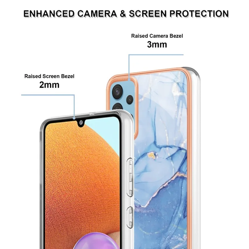 YB IMD Series-16 Style E for Samsung Galaxy A32 4G (EU Version) 2.0mm Marble Pattern TPU Cover IMD Electroplating Frame Cell Phone Case - Blue