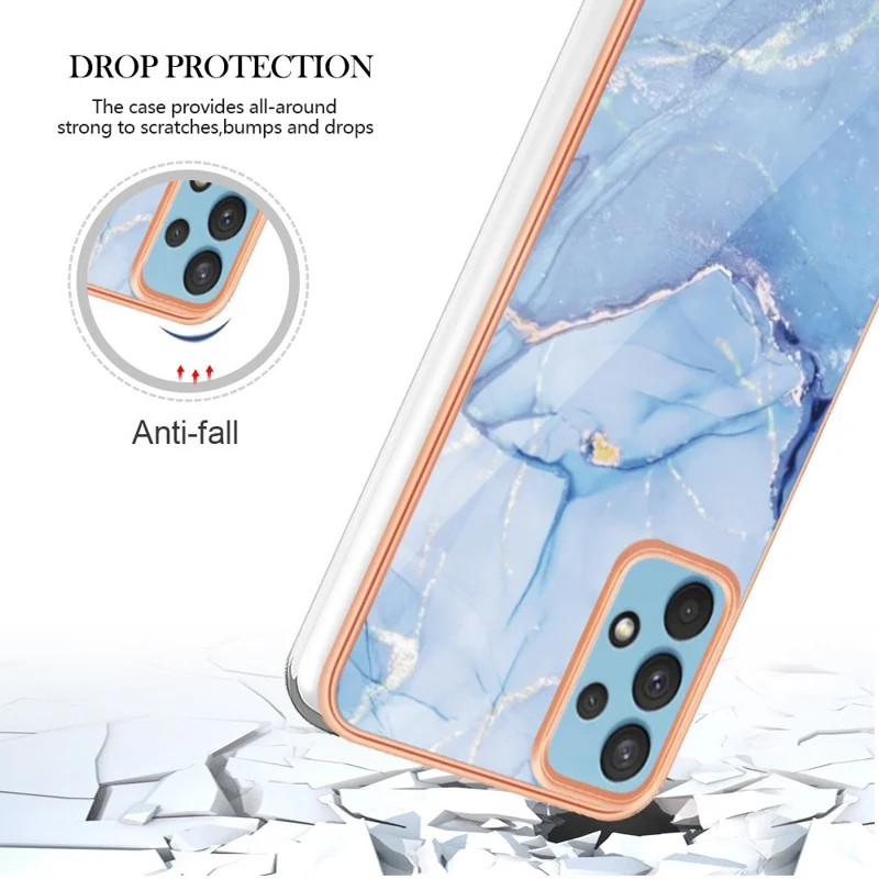 YB IMD Series-16 Style E for Samsung Galaxy A32 4G (EU Version) 2.0mm Marble Pattern TPU Cover IMD Electroplating Frame Cell Phone Case - Blue
