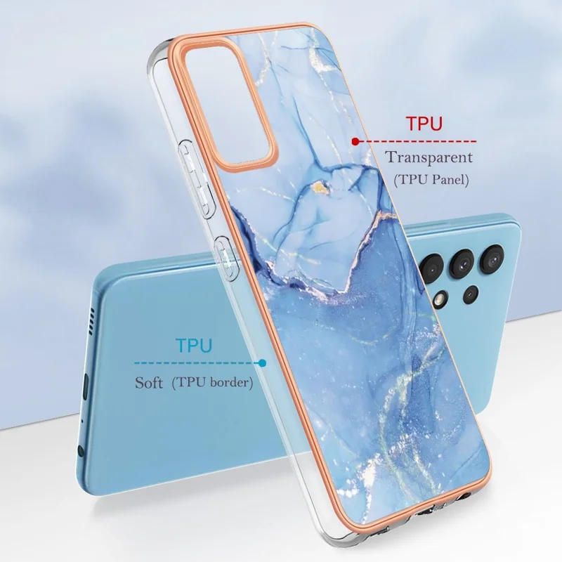 YB IMD Series-16 Style E for Samsung Galaxy A32 4G (EU Version) 2.0mm Marble Pattern TPU Cover IMD Electroplating Frame Cell Phone Case - Blue