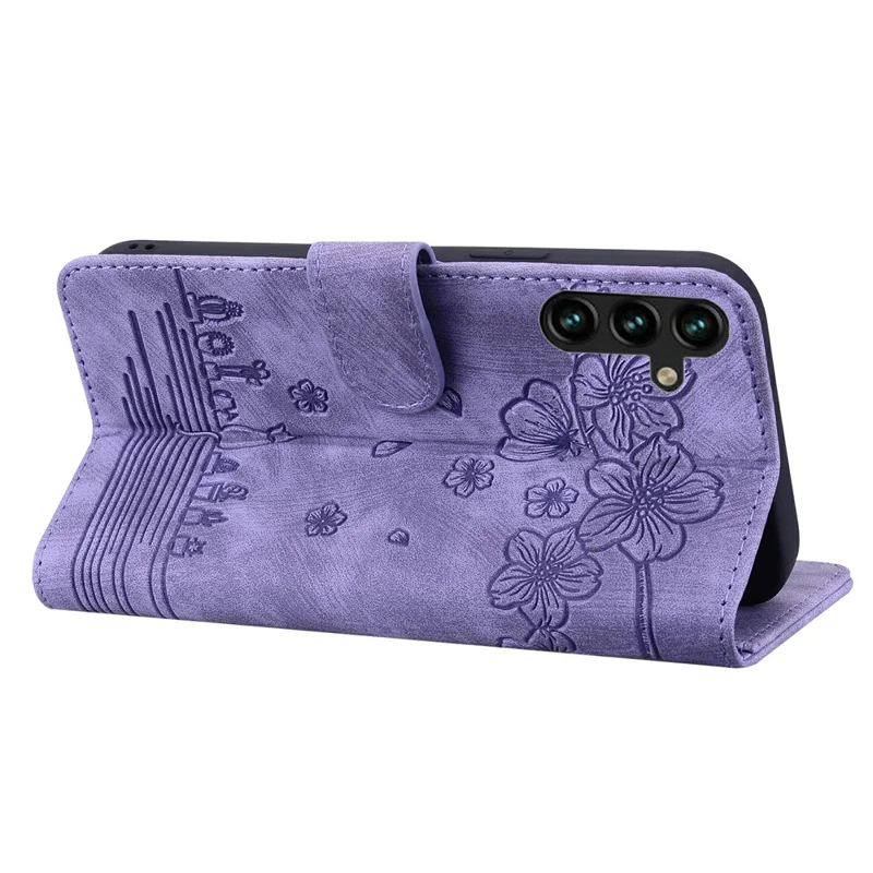 For Samsung Galaxy A37 5G Case Cherry Blossom Cat Imprinted Leather Phone Cover with Wrist Strap - Purple