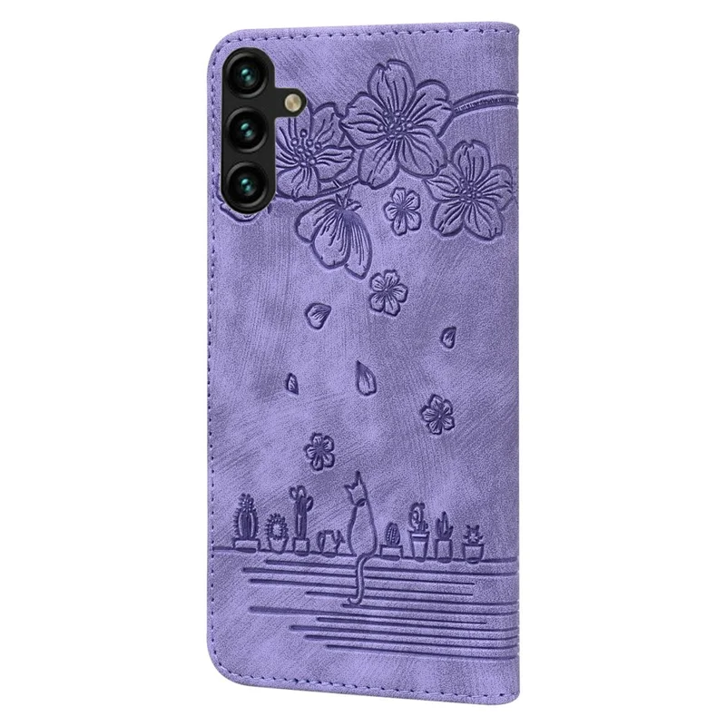For Samsung Galaxy A37 5G Case Cherry Blossom Cat Imprinted Leather Phone Cover with Wrist Strap - Purple