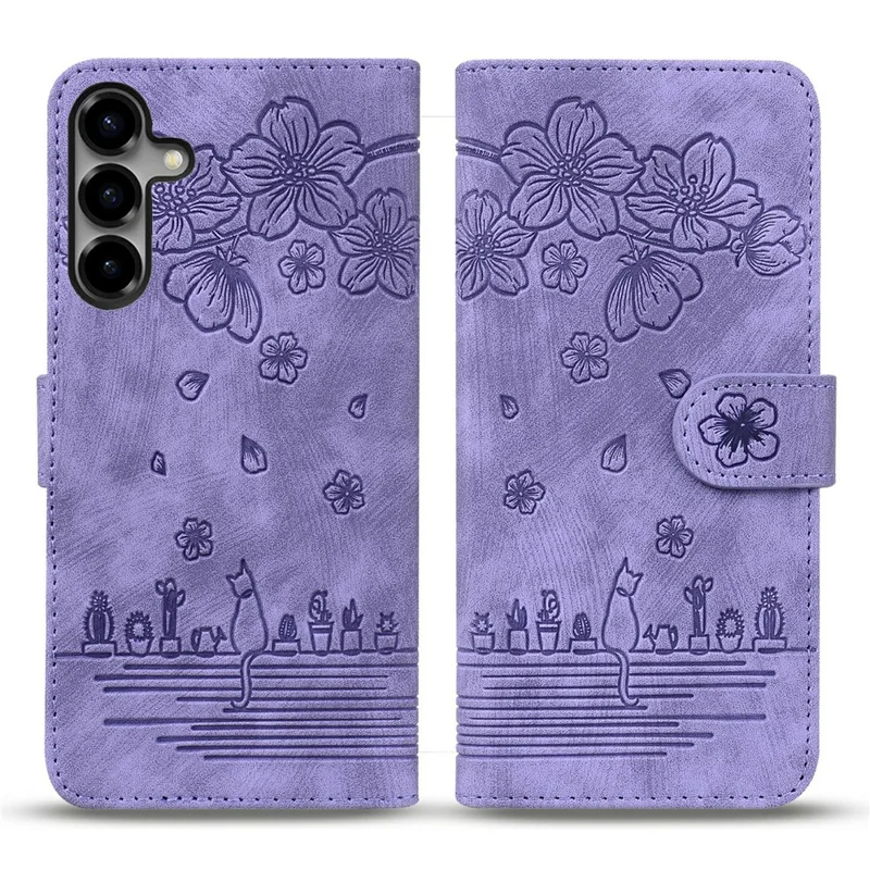 For Samsung Galaxy S26 Case Cherry Blossom Cat Imprinted Leather Phone Cover with Wrist Strap - Purple