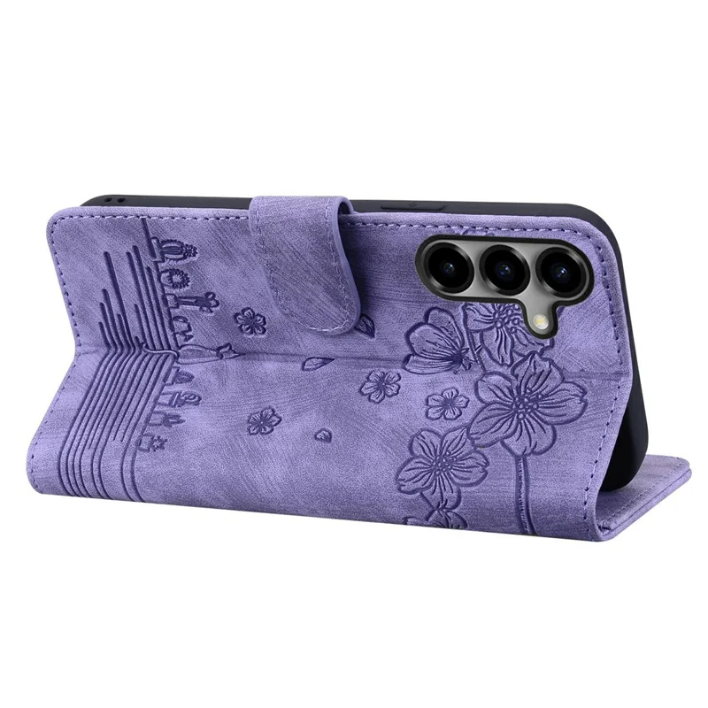 For Samsung Galaxy S26 Case Cherry Blossom Cat Imprinted Leather Phone Cover with Wrist Strap - Purple