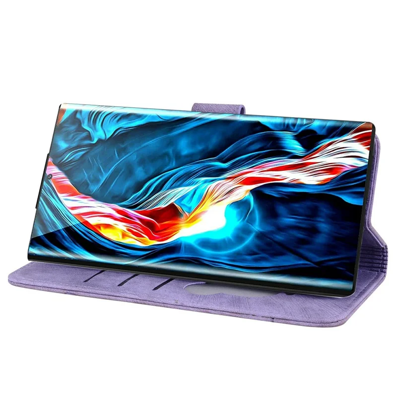 For Samsung Galaxy S26 Case Cherry Blossom Cat Imprinted Leather Phone Cover with Wrist Strap - Purple