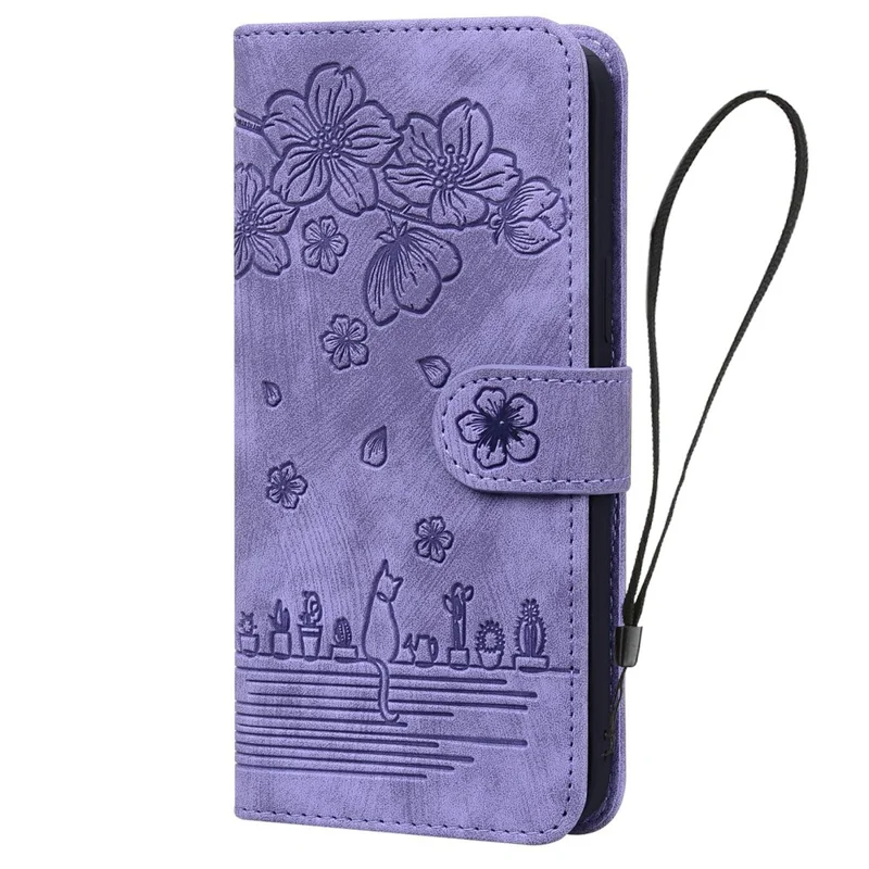 For Samsung Galaxy S26 Case Cherry Blossom Cat Imprinted Leather Phone Cover with Wrist Strap - Purple