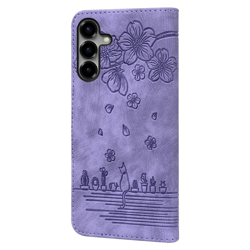 For Samsung Galaxy S26 Case Cherry Blossom Cat Imprinted Leather Phone Cover with Wrist Strap - Purple