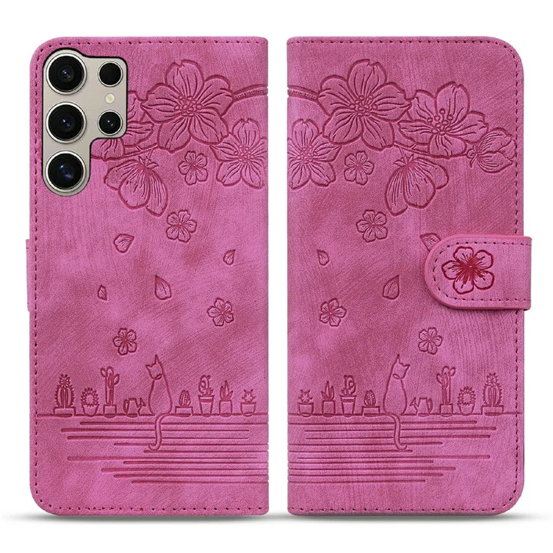 For Samsung Galaxy S26 Ultra Case Cherry Blossom Cat Imprinted Leather Phone Cover with Wrist Strap - Rose