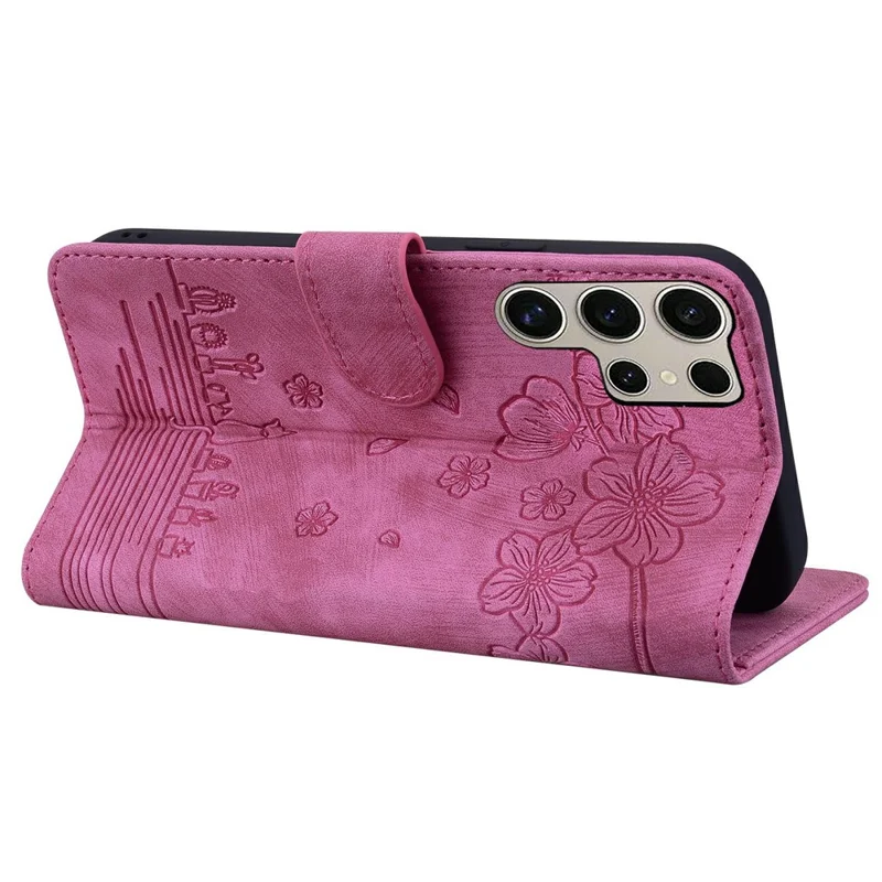For Samsung Galaxy S26 Ultra Case Cherry Blossom Cat Imprinted Leather Phone Cover with Wrist Strap - Rose