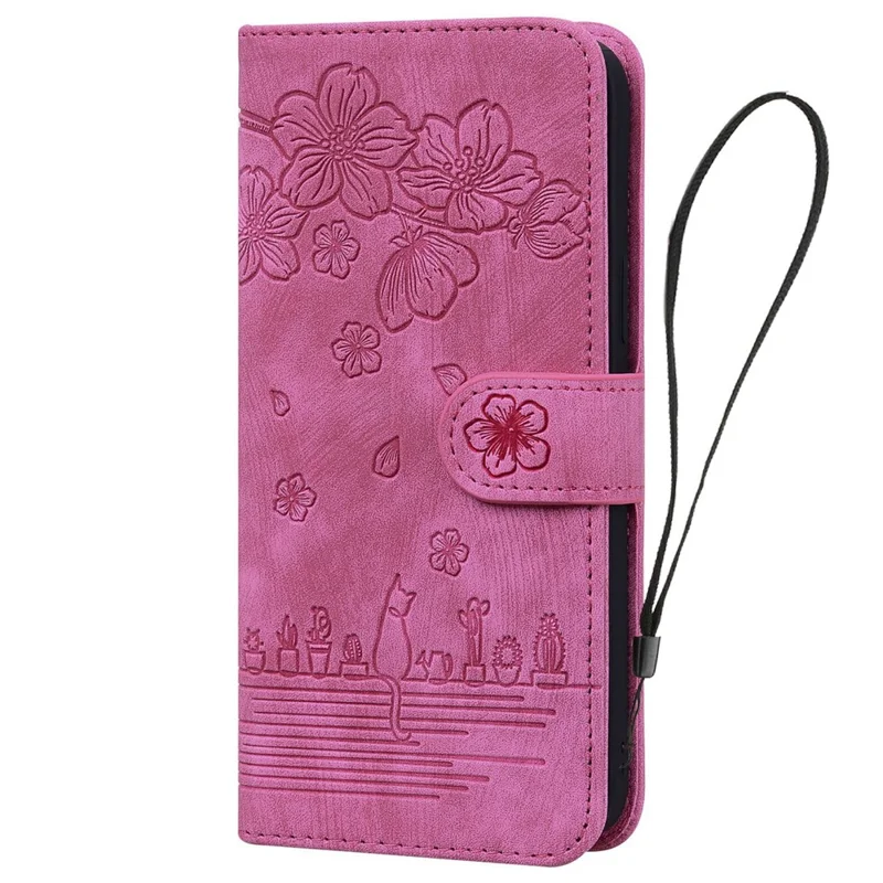 For Samsung Galaxy S26 Ultra Case Cherry Blossom Cat Imprinted Leather Phone Cover with Wrist Strap - Rose
