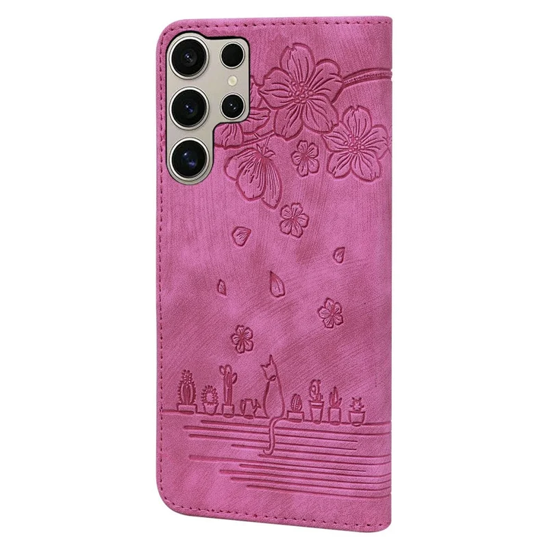 For Samsung Galaxy S26 Ultra Case Cherry Blossom Cat Imprinted Leather Phone Cover with Wrist Strap - Rose