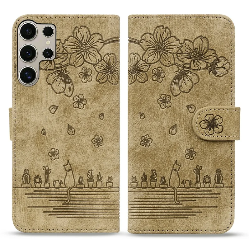 For Samsung Galaxy S26 Ultra Case Cherry Blossom Cat Imprinted Leather Phone Cover with Wrist Strap - Brown