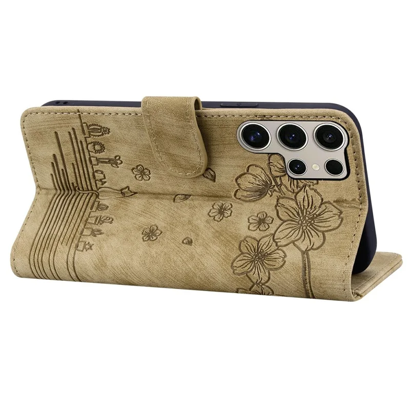 For Samsung Galaxy S26 Ultra Case Cherry Blossom Cat Imprinted Leather Phone Cover with Wrist Strap - Brown