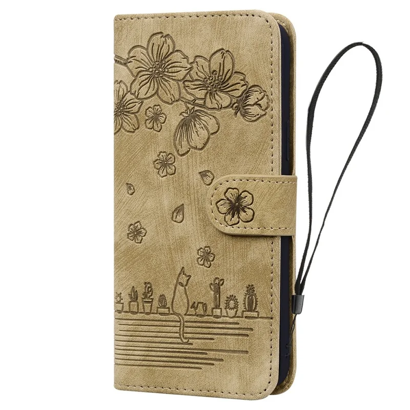 For Samsung Galaxy S26 Ultra Case Cherry Blossom Cat Imprinted Leather Phone Cover with Wrist Strap - Brown