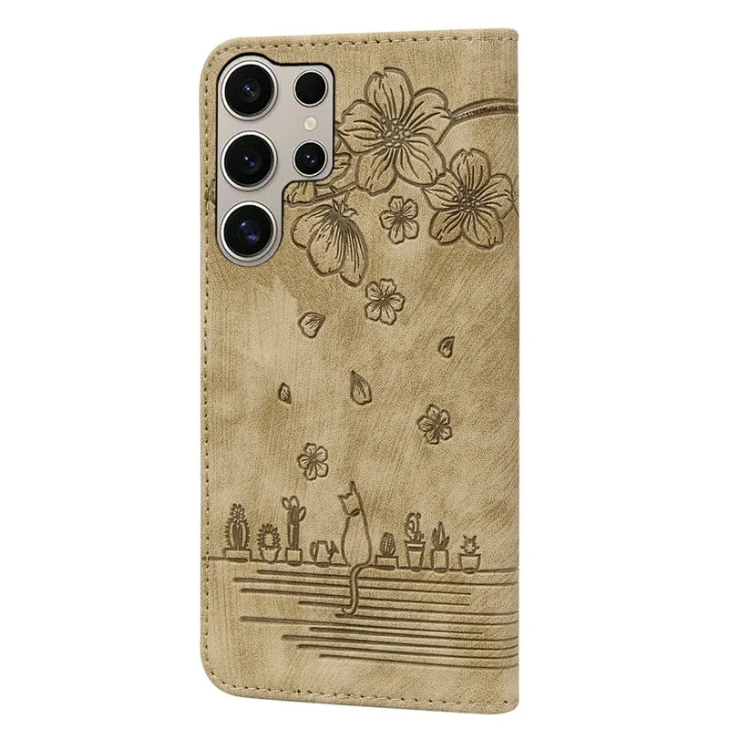 For Samsung Galaxy S26 Ultra Case Cherry Blossom Cat Imprinted Leather Phone Cover with Wrist Strap - Brown