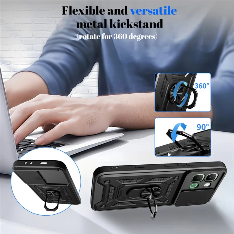 For Infinix Note Edge 5G Case with Slide Camera Lid PC + TPU Kickstand Phone Cover - Black