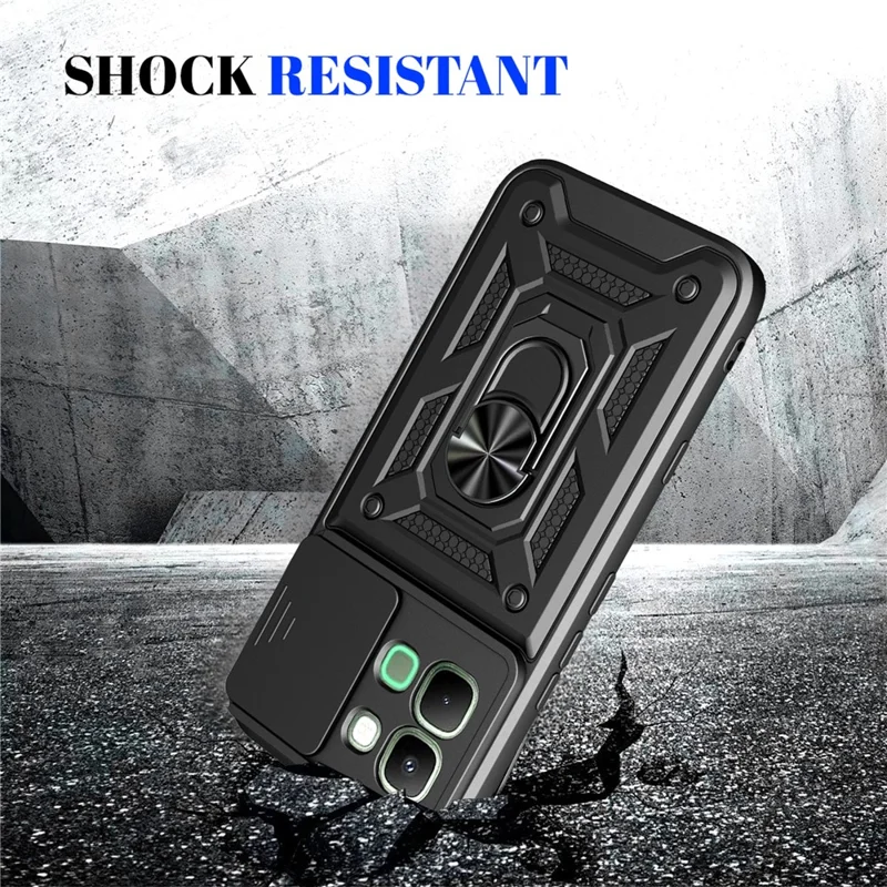 For Infinix Note Edge 5G Case with Slide Camera Lid PC + TPU Kickstand Phone Cover - Black