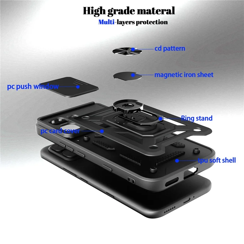 For Infinix Note Edge 5G Case with Slide Camera Lid PC + TPU Kickstand Phone Cover - Black