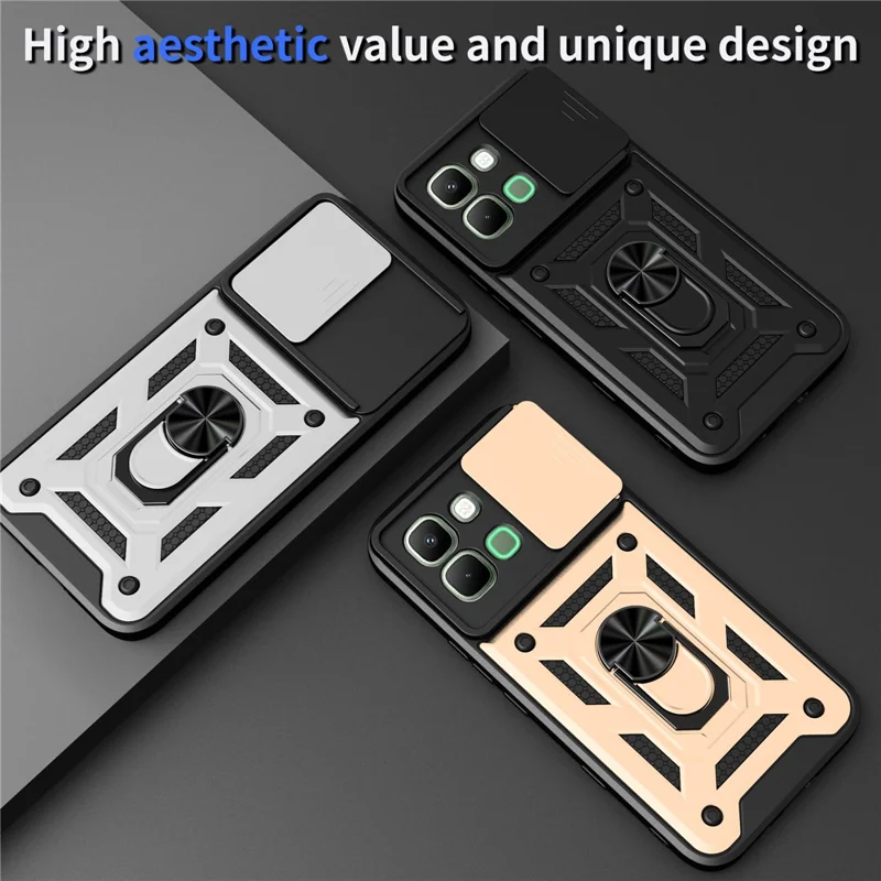 For Infinix Note Edge 5G Case with Slide Camera Lid PC + TPU Kickstand Phone Cover - Black