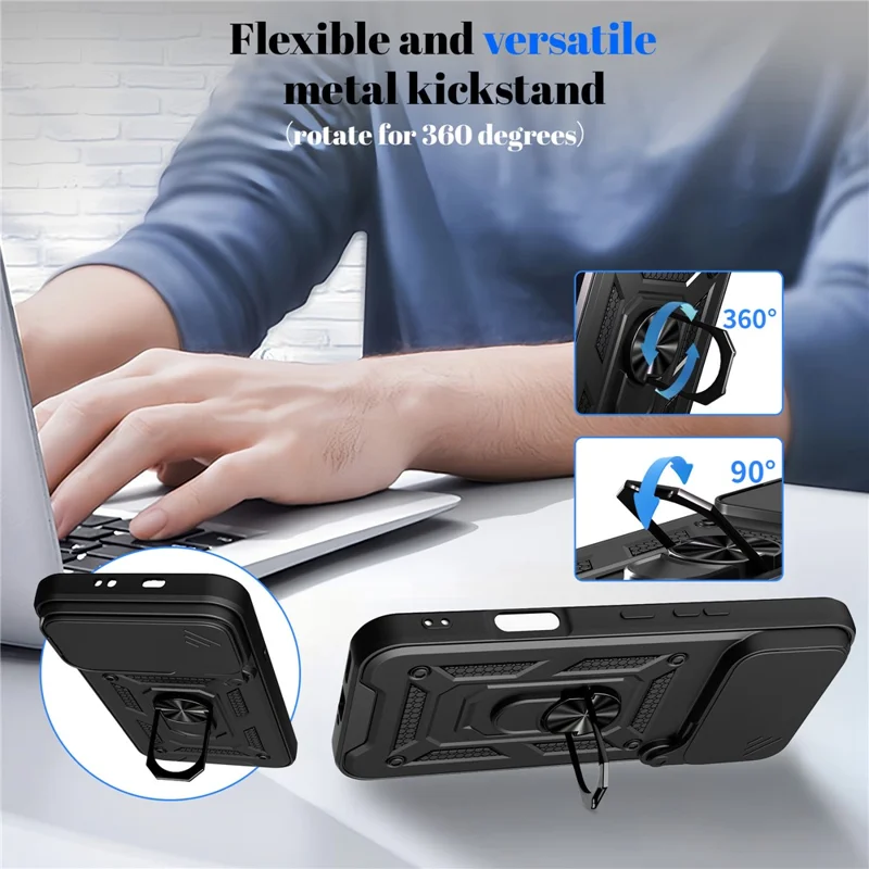 Case for Infinix Note 60 5G  /  Note 60 Pro 5G with Slide Camera Lid PC + TPU Kickstand Phone Cover - Black