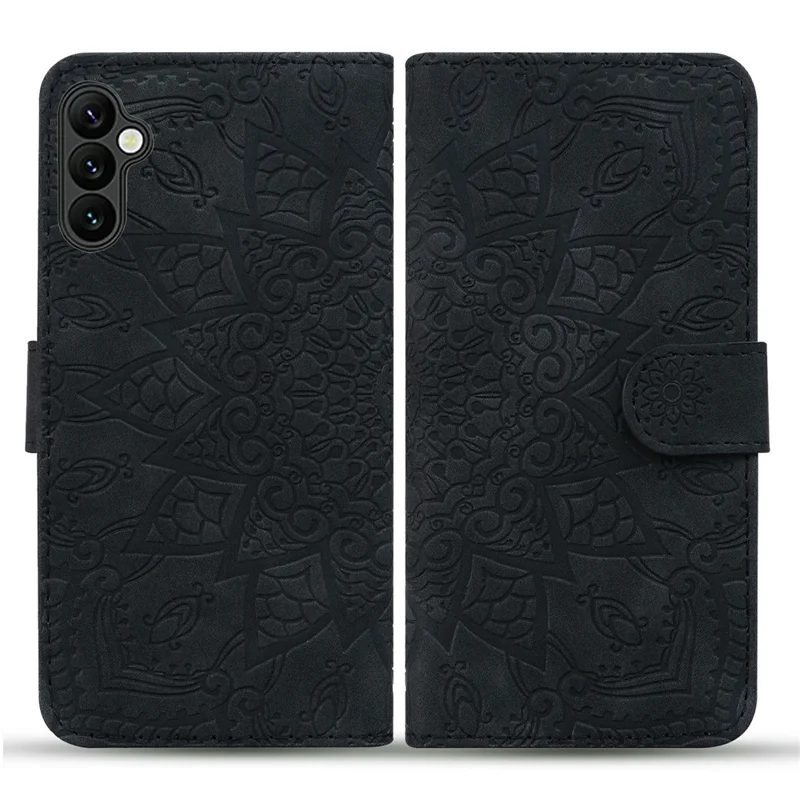 For Samsung Galaxy A37 5G Case Flower Imprinted PU Leather Wallet Flip Phone Cover with Wrist Strap - Black