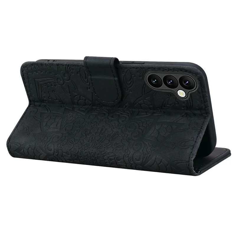 For Samsung Galaxy A37 5G Case Flower Imprinted PU Leather Wallet Flip Phone Cover with Wrist Strap - Black