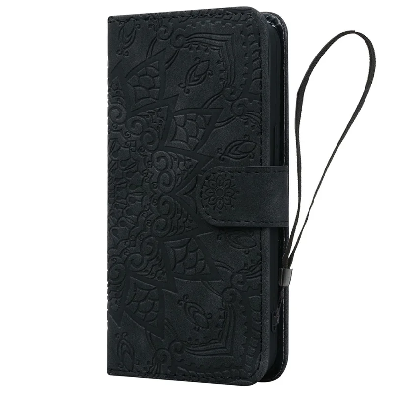 For Samsung Galaxy A37 5G Case Flower Imprinted PU Leather Wallet Flip Phone Cover with Wrist Strap - Black