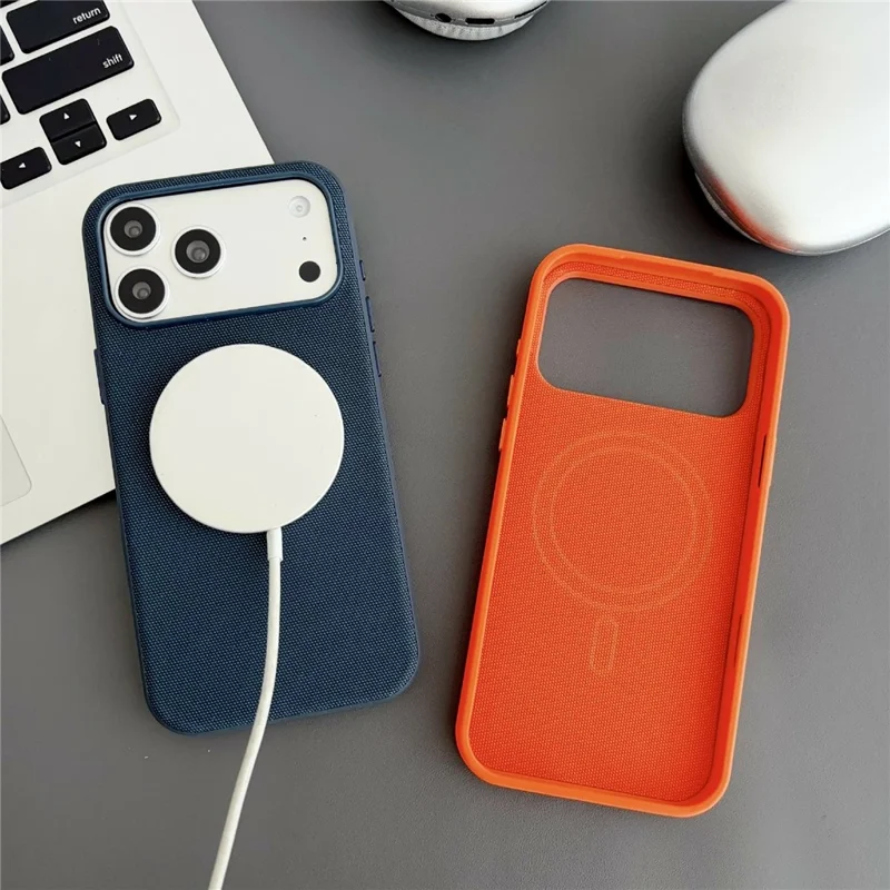 For iPhone 17 Pro Max Magnetic Case with Tempered Glass Screen Protector Fabric Texture PC + TPU Phone Cover Compatible with MagSafe - Purple