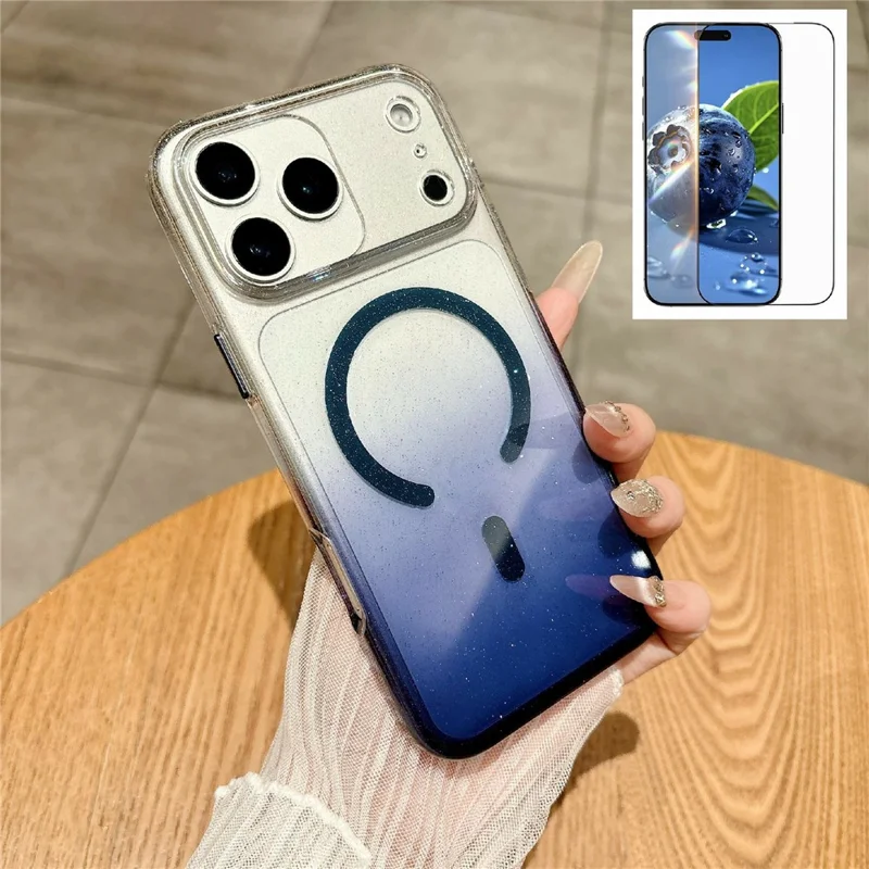 For iPhone 17 Pro Max Gradient Glitter Magnetic Case with Tempered Glass Screen Protector Cover Compatible with Magsafe - Blue