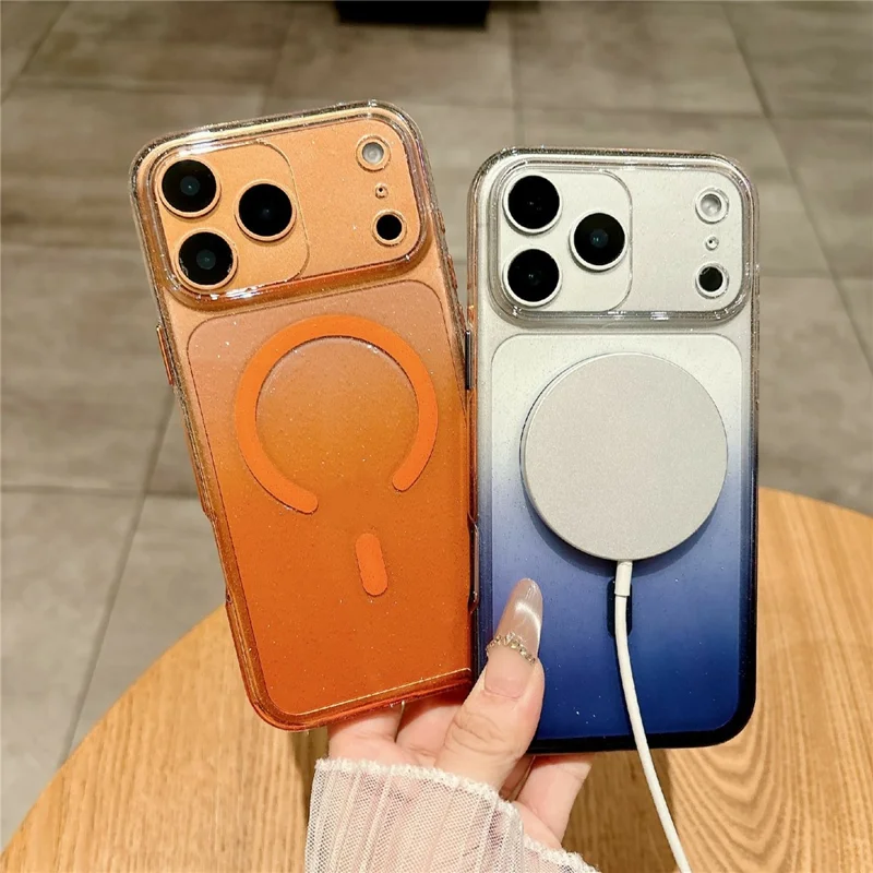 For iPhone 17 Pro Max Gradient Glitter Magnetic Case with Tempered Glass Screen Protector Cover Compatible with Magsafe - Blue