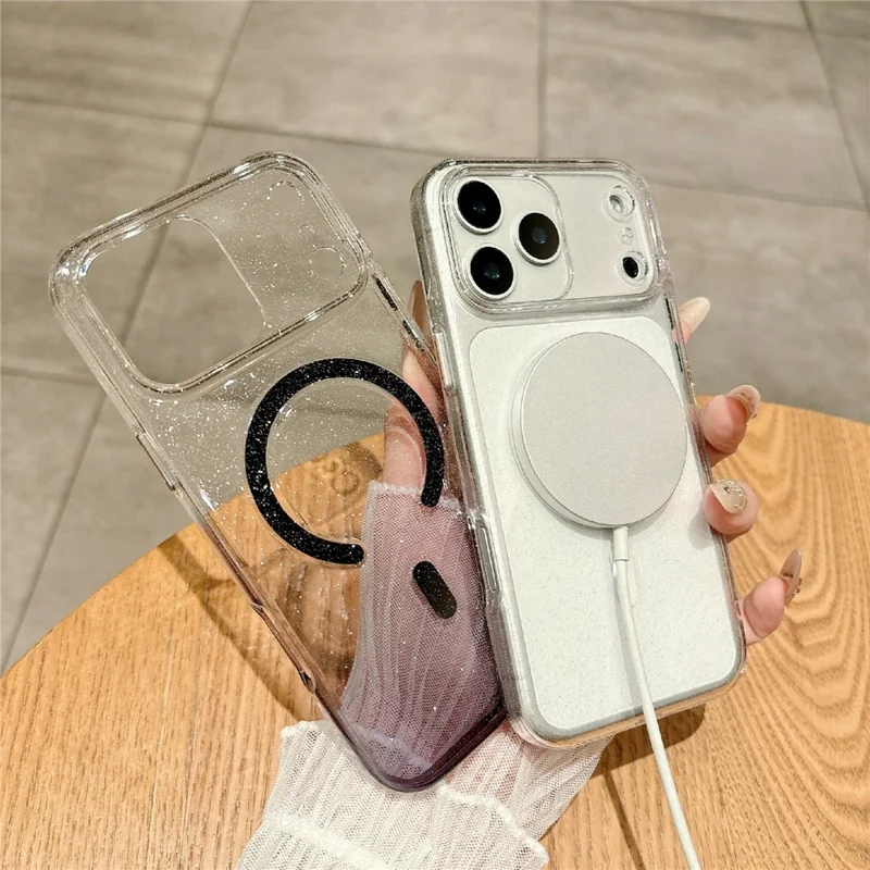 For iPhone 17 Pro Max Gradient Glitter Magnetic Case with Tempered Glass Screen Protector Cover Compatible with Magsafe - Blue