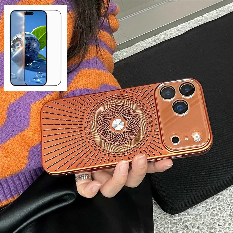 For iPhone 17 Pro Max Hollow Heat Dissipation Magnetic Case with Tempered Glass Screen Protector Shockproof Cover Compatible with Magsafe - Brown