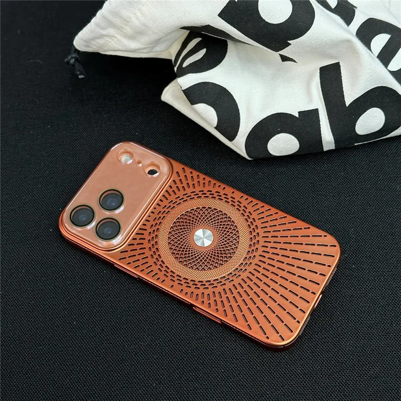 For iPhone 17 Pro Max Hollow Heat Dissipation Magnetic Case with Tempered Glass Screen Protector Shockproof Cover Compatible with Magsafe - Brown