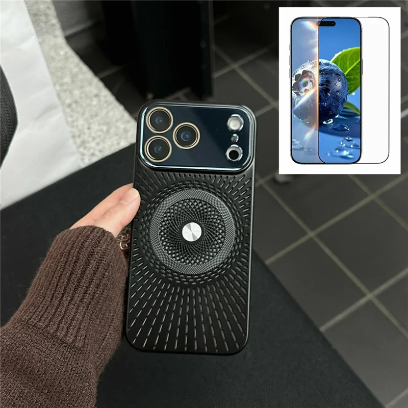 For iPhone 17 Pro Hollow Heat Dissipation Magnetic Case with Tempered Glass Screen Protector Shockproof Cover Compatible with Magsafe - Black