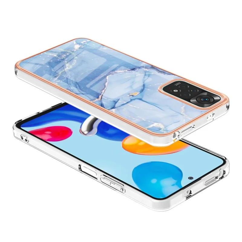 For Xiaomi Redmi Note 11S 4G / Redmi Note 11 4G (Qualcomm) YB IMD Series-16 Style E Marble Pattern Phone Case 2.0mm TPU Electroplating Frame IMD Protective Cover - Blue