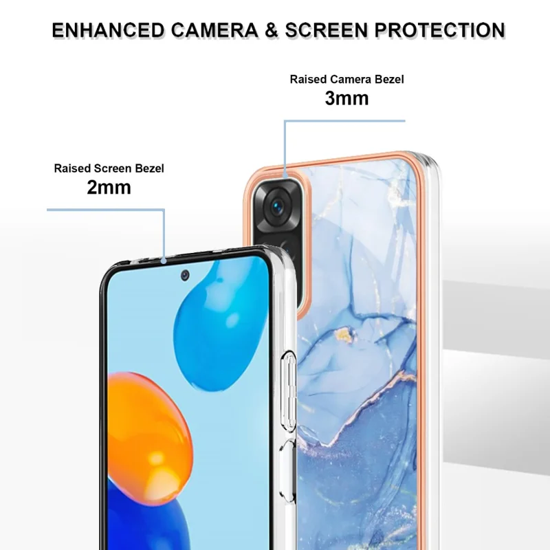 For Xiaomi Redmi Note 11S 4G / Redmi Note 11 4G (Qualcomm) YB IMD Series-16 Style E Marble Pattern Phone Case 2.0mm TPU Electroplating Frame IMD Protective Cover - Blue