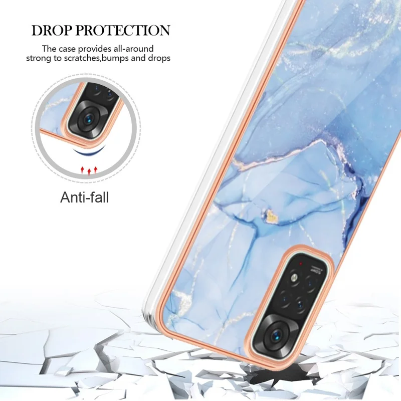 For Xiaomi Redmi Note 11S 4G / Redmi Note 11 4G (Qualcomm) YB IMD Series-16 Style E Marble Pattern Phone Case 2.0mm TPU Electroplating Frame IMD Protective Cover - Blue