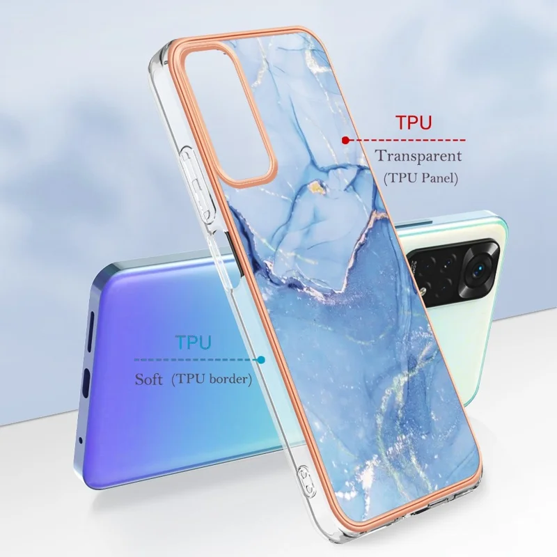 For Xiaomi Redmi Note 11S 4G / Redmi Note 11 4G (Qualcomm) YB IMD Series-16 Style E Marble Pattern Phone Case 2.0mm TPU Electroplating Frame IMD Protective Cover - Blue