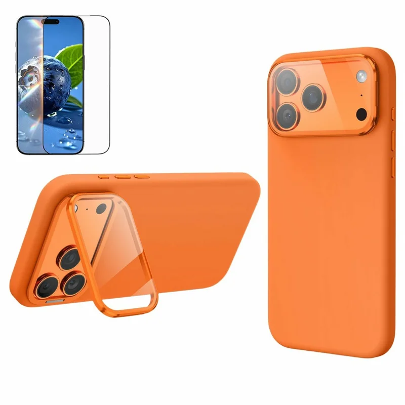 For iPhone 17 Pro Liquid Silicone Magnetic Case with Screen Protector Lens Protector Kickstand Mobile Cover Compatible with MagSafe - Orange