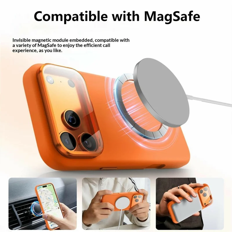 For iPhone 17 Pro Liquid Silicone Magnetic Case with Screen Protector Lens Protector Kickstand Mobile Cover Compatible with MagSafe - Orange