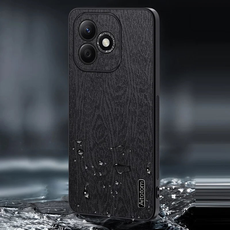 Futera na Honor 600 Lite 5G z fakturą pod drewno z poliuretanowej skóry PC i TPU – Czarny