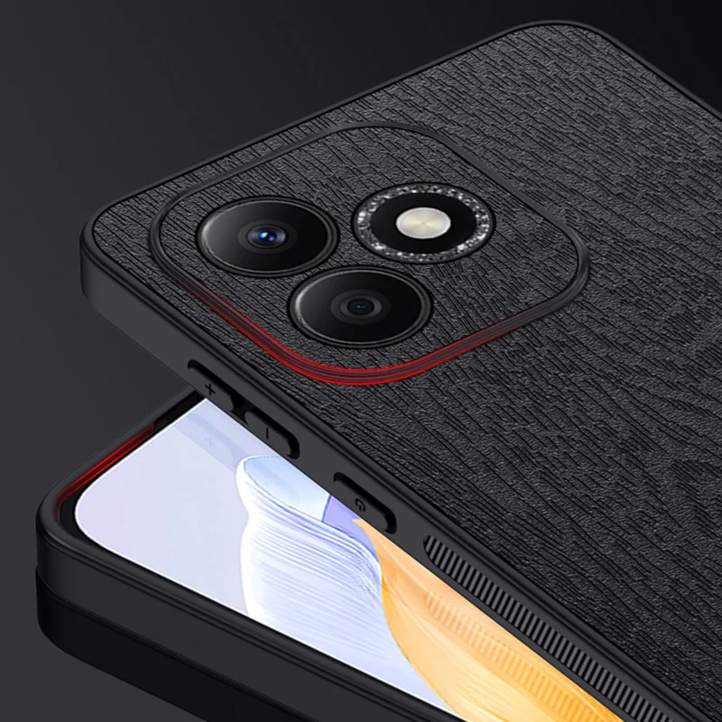 Futera na Honor 600 Lite 5G z fakturą pod drewno z poliuretanowej skóry PC i TPU – Czarny