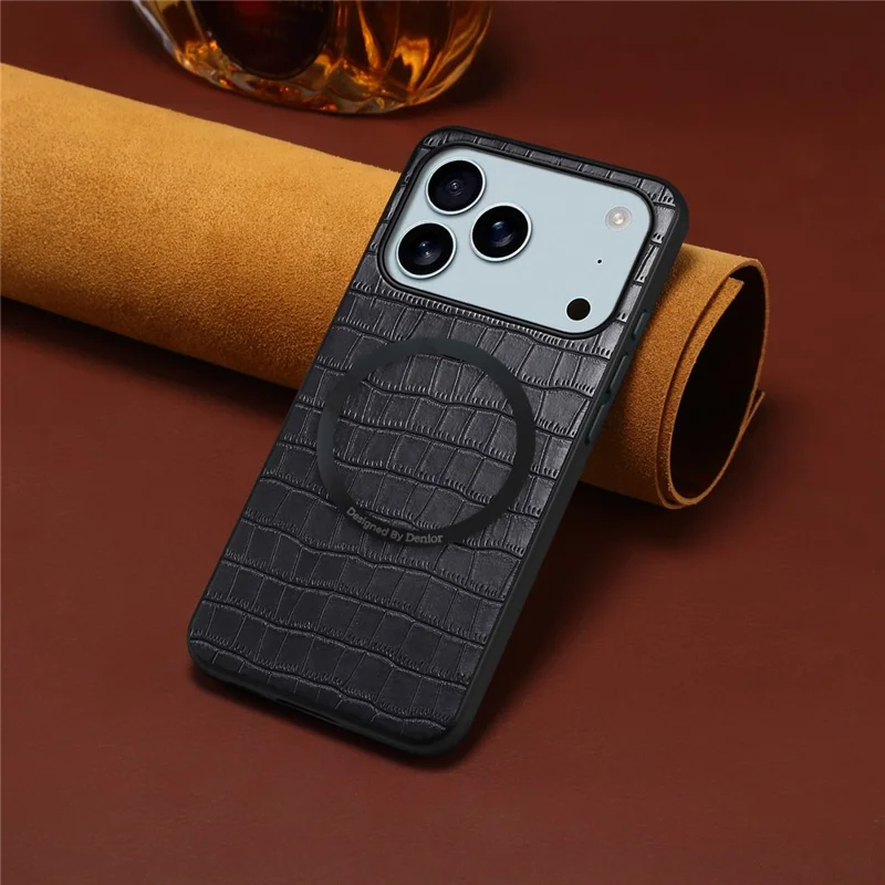 DENIOR A09+1 For iPhone 17 Pro Magnetic Case Crocodile Texture Leather Coated PC TPU Phone Cover - Black