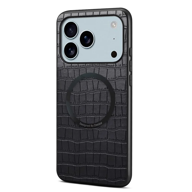 DENIOR A09+1 For iPhone 17 Pro Max Magnetic Case Crocodile Texture Leather Coated PC TPU Phone Cover - Black