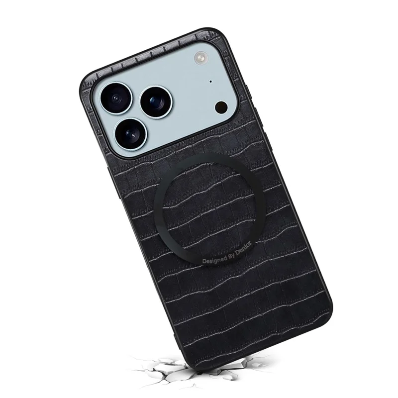 DENIOR A09+1 For iPhone 17 Pro Max Magnetic Case Crocodile Texture Leather Coated PC TPU Phone Cover - Black