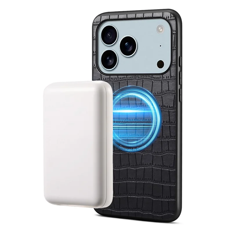 DENIOR A09+1 For iPhone 17 Pro Max Magnetic Case Crocodile Texture Leather Coated PC TPU Phone Cover - Black