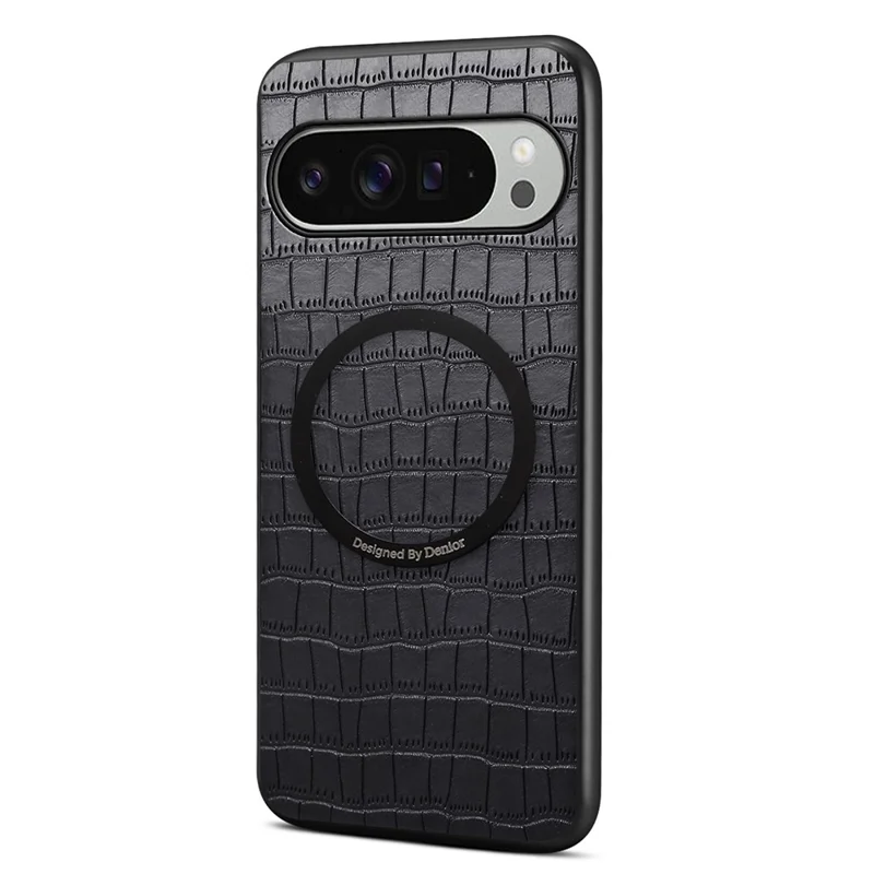 DENIOR A09+1 For Google Pixel 10 Pro XL Magnetic Case Crocodile Texture Leather Coated PC TPU Phone Cover - Black