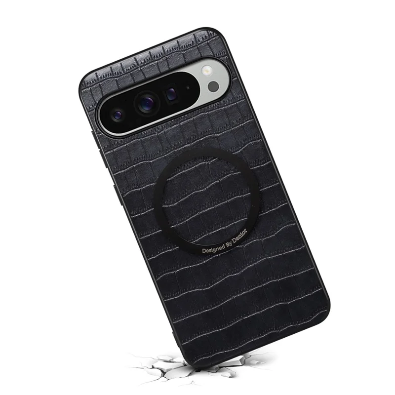 DENIOR A09+1 For Google Pixel 10 Pro XL Magnetic Case Crocodile Texture Leather Coated PC TPU Phone Cover - Black