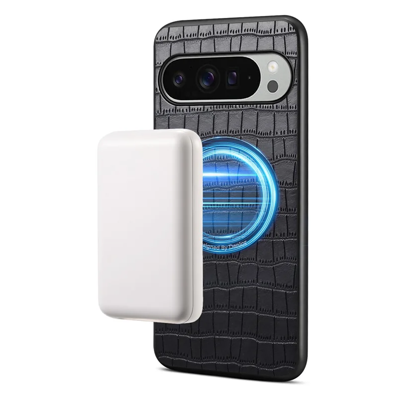 DENIOR A09+1 For Google Pixel 10 Pro XL Magnetic Case Crocodile Texture Leather Coated PC TPU Phone Cover - Black